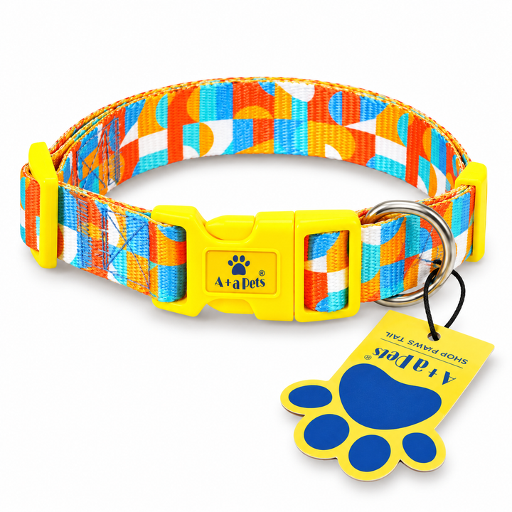 Tetris design collar for dogs and cats, yellow buckle, on white background