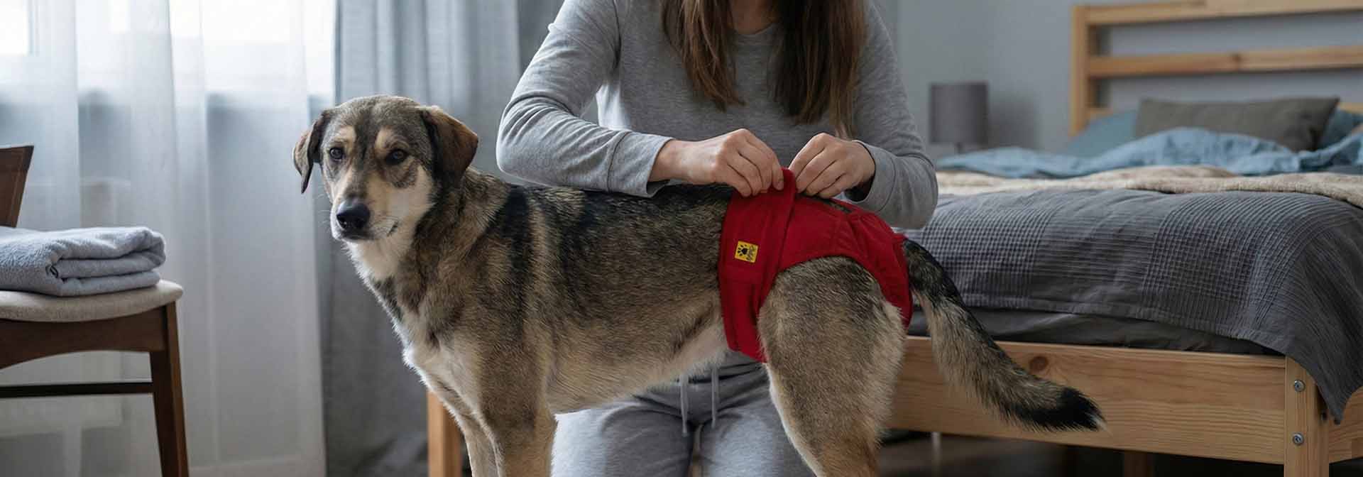 Woman gently helping a dog wear a diaper at home as part of a clean and safe bladder care routine.