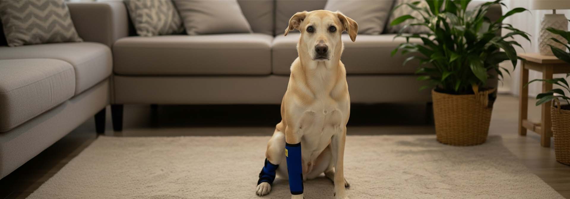 dog hock brace for arthritis in blue color in two legs sitting and looking at camera