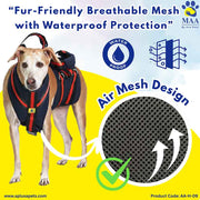 Dog wearing a black and red jacket with text about fur-friendly breathable mesh and waterproof protection.