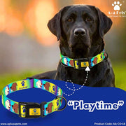 Black dog wearing a colorful dog collar with 'Playtime' design on a blurred outdoor background.