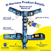 Dog harness with features highlighted on a yellow and blue background