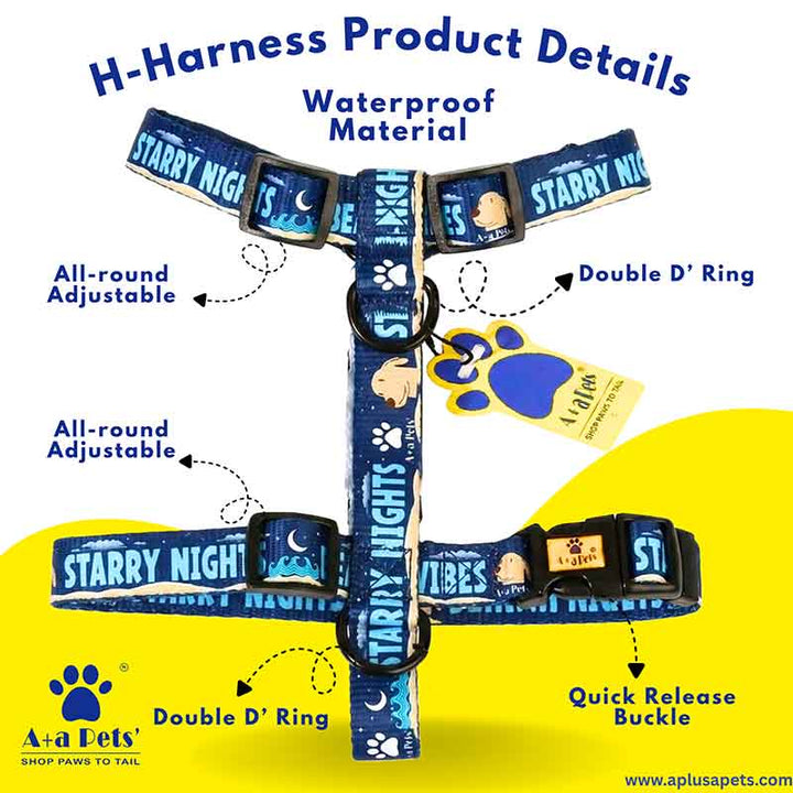 Dog harness with features highlighted on a yellow and blue background