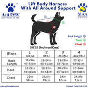 Dog harness size chart with measurements for different sizes