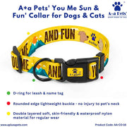 Yellow pet collar with text and graphics on a white background