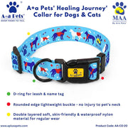 Pet collar with colorful dog illustrations on a blue background, featuring A+a Pets branding.
