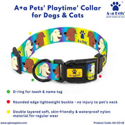 Colorful dog collar with cartoon dogs and cats design, featuring A+a Pets branding.
