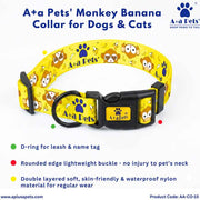 Yellow dog collar with monkey design and A+a Pets branding on a white background