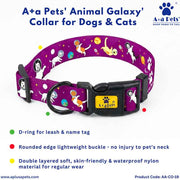 Purple pet collar with space-themed design and A+ Pets branding on a white background.