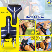 Dog harness with assembly instructions and product details on a yellow background