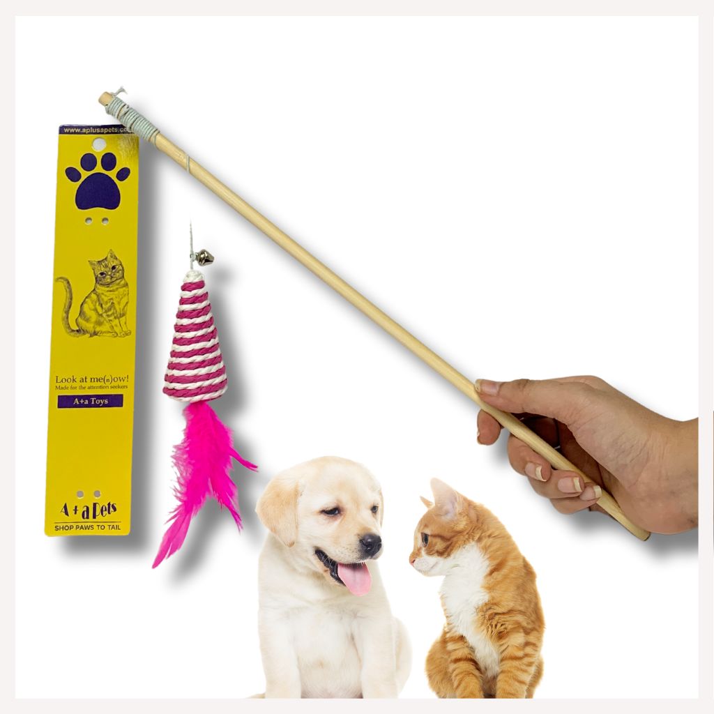 A+a Pets' Cat Wand Teaser Interactive Toy with Retractable Feather Con –