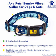 Pet collar with 'Beachy Vibes' design on a white background, featuring A+a Pets branding.