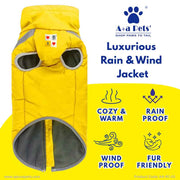 Yellow dog rain and wind jacket with A+a Pets branding and product features.