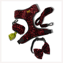 A+a Pets' Sequins Set of 5- Harness, Leash, Collar, Bow & Poo Bag Pouch- Red