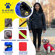 Woman and dog wearing red pet jacket with product features highlighted on a yellow background