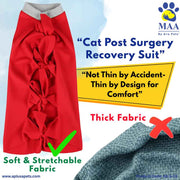 Red 'Cat Post Surgery Recovery Suit' with text and MAA logo on a blue and white background
