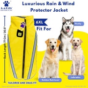 Dog raincoat with size chart and three dogs on a yellow background