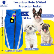 Blue rain and wind protector jacket for dogs with measurements and dog breeds shown on a yellow background.