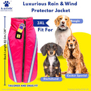 Pink rain and wind protector jacket for dogs with size chart and dog breeds on a yellow background