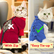 Two cats wearing different types of pet coats with text labels and product code.