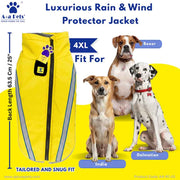 Yellow rain and wind protector jacket for dogs with three dogs and product details on a yellow background