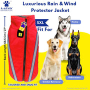Red rain and wind protector jacket for dogs with size chart and dog breeds on a yellow background