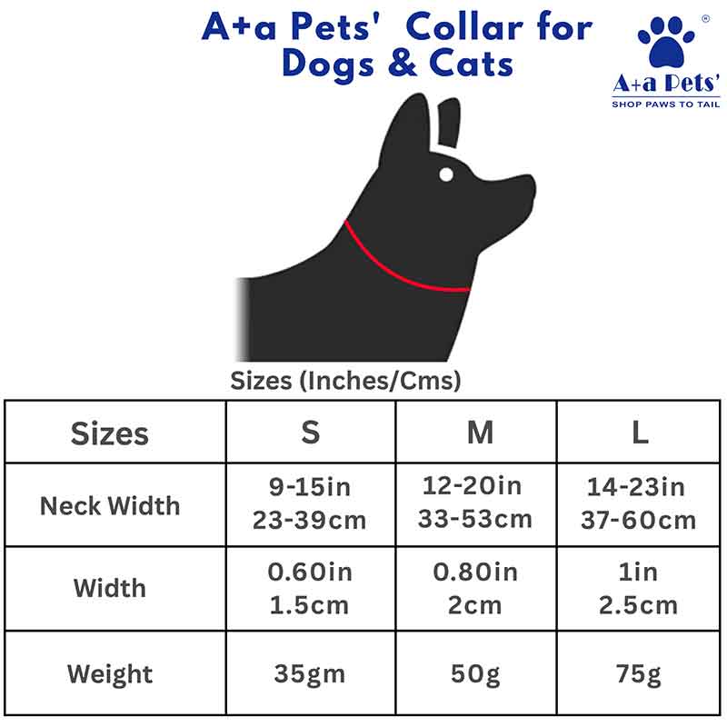 Collar size chart for dogs and cats by A+a Pets with a black silhouette of a dog wearing a red collar.
