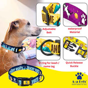 Dog collar with adjustable belt, waterproof material, D-ring for leash/name tag, and quick release buckle on a yellow background.