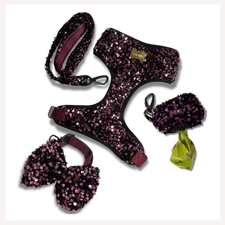 A+a Pets' Sequins Set of 5- Harness, Leash, Collar, Bow & Poo Bag Pouch- Pink - www.aplusapets.com