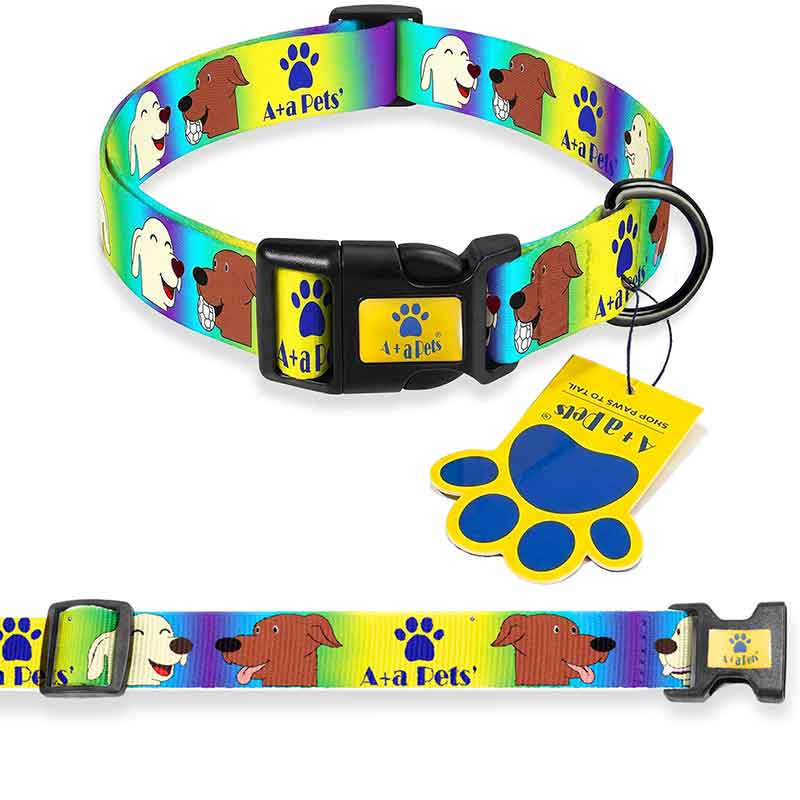 Colorful dog collar with cartoon dogs and paw prints on a white background