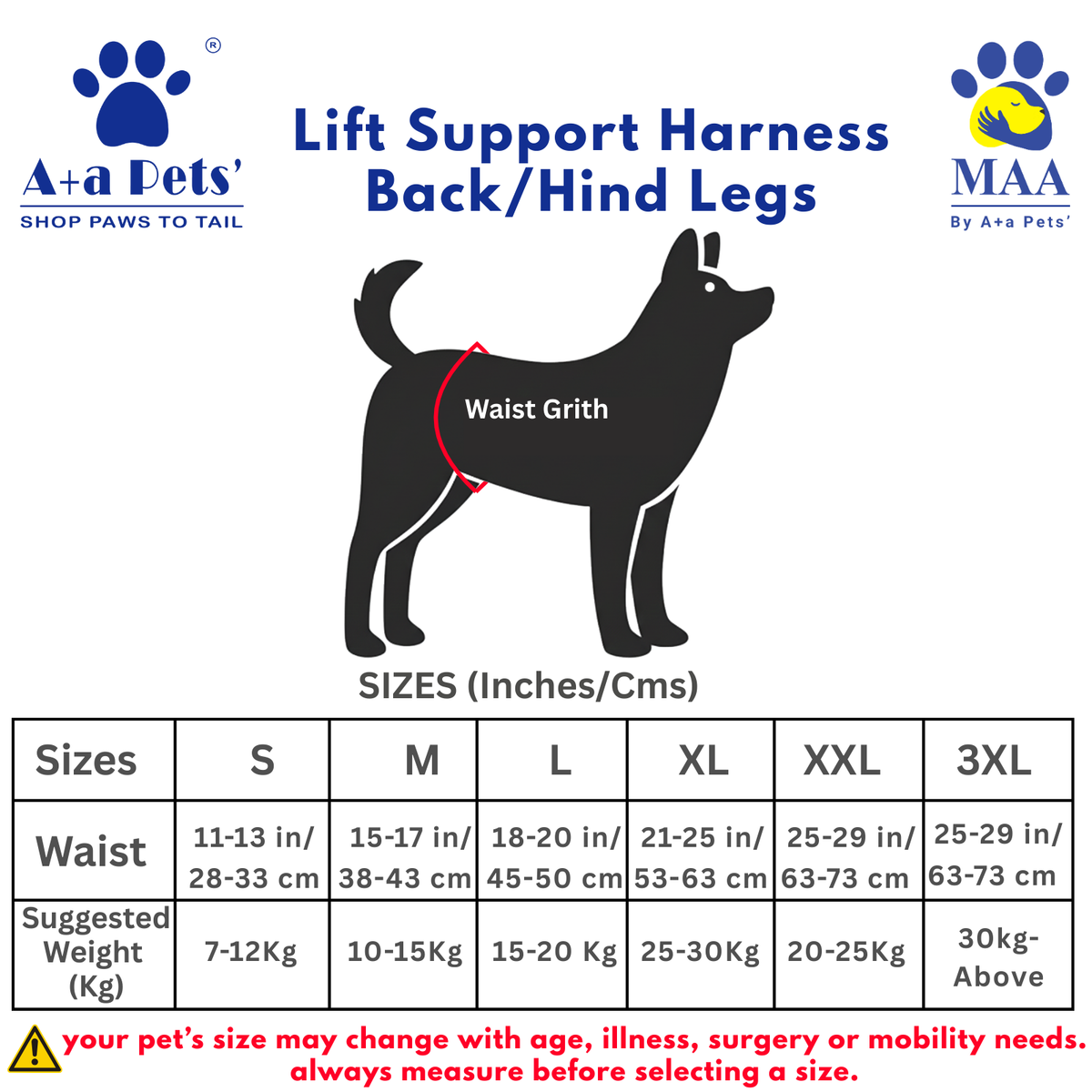 Dog lift support harness size chart with A+a Pets branding