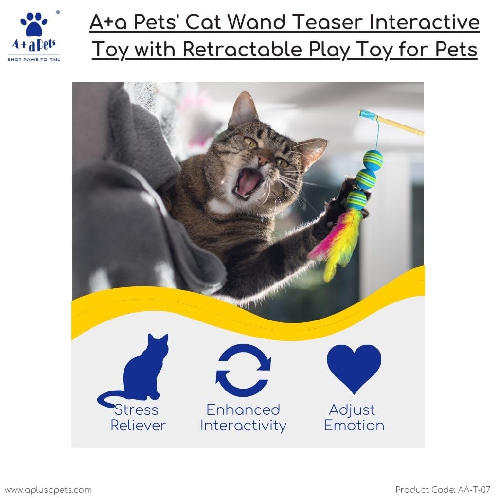 A+a Pets' Cat Wand Teaser Interactive Toy with Retractable Ball Feathe –