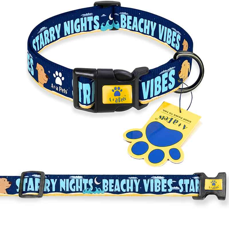 Dog collar with 'Starry Nights Beachy Vibes' text and A4Pets branding on a white background.