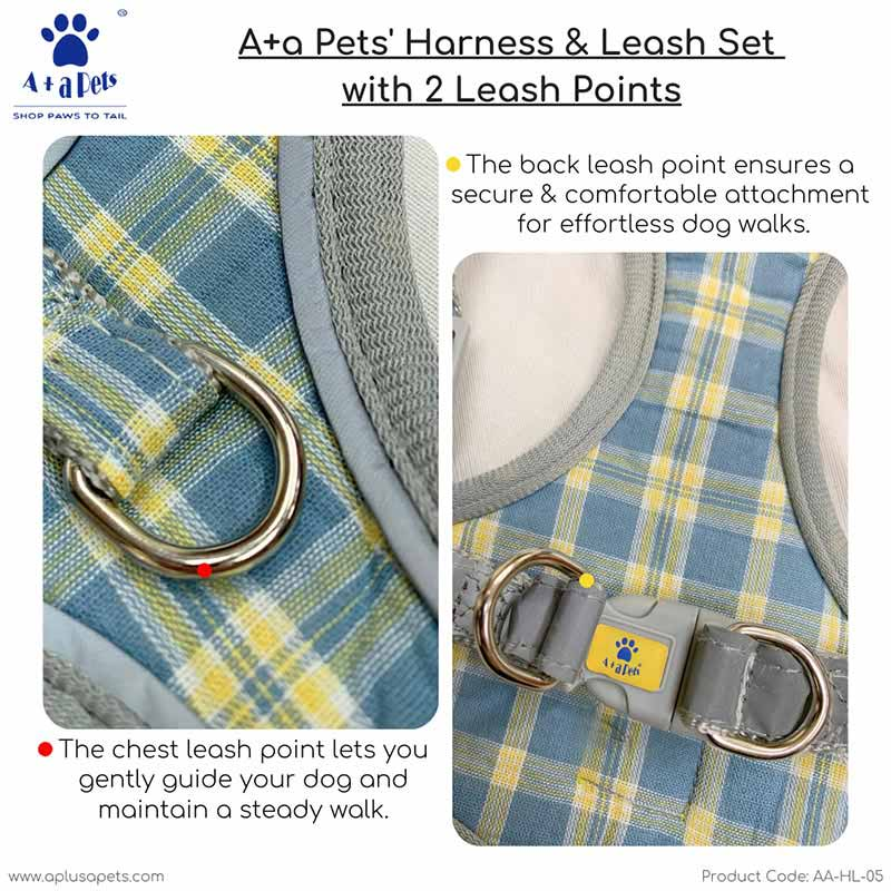 A+a Pets' Harness & Leash Set(Combo) for Cats, Puppies, Small Dogs with 2 Leash Points – Escape Friendly | Night Safety | Reflective Strips |100% Cotton