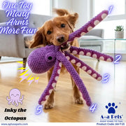 A golden retriever dog holds a purple crocheted octopus toy with eight arms in its mouth, standing on a wooden floor in a living room. The image includes text overlays: 'One Toy Many Arms More Fun', numbered arm labels 1-5, 'Inky the Octopus', the website 'www.