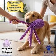 A golden retriever dog holds a purple crocheted octopus tug toy in its mouth while a person pulls it in a bright living room. A speech bubble says 'Tug of War create memorable moments,' and logos for 'Inky the Octopus' and 'A+a Pets' appear at the bottom.