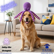 A golden retriever dog sits on a rug in a living room while wearing a purple crocheted octopus-shaped dog toy with pink polka-dot accents. The image includes promotional text and logos for Aplusa Pets.
