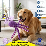 A golden retriever dog is lying on a rug in a bright living room, holding a purple octopus plush squeaky toy in its mouth. The image includes promotional text overlays and badges, including 'Squeaky', 'Inky the Octopus', 'Squeaky Plush Toy', and feature callouts like 'Built-in BB sound', 'Teeth cleaning', 'Safe & durable', and 'Interactive fun'.