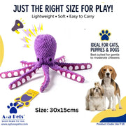 A purple crocheted octopus pet toy with pink and white polka-dotted tentacles, shown on a white background with promotional text, paw-print graphics, and photos of a dog and cat.