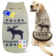 A dog sweater shown both flat and worn by a yellow Labrador retriever. The knit pet sweater has a beige body with a dark navy reindeer and snowflake pattern, and is displayed on a clean white background.