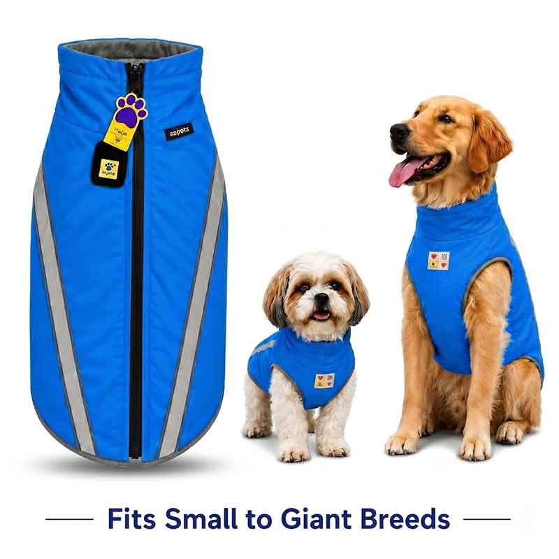 Blue dog vests on small and large dogs with text indicating size range.