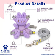 A product details graphic for a lavender plush bunny pet harness and leash set. The central subject is the purple plush bunny sitting inside a lavender harness, with callout lines pointing to features like soft and breathable material, cute plush bunny design, adjustable straps, sturdy D-ring, and matching leash.