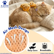 A fluffy cream-colored cat wearing a yellow pet harness with plush lion ears, resting on a beige blanket. The image includes marketing text and graphics highlighting the breathable air mesh design, easy care, and breathable features, branded with 'A+a Pets'.