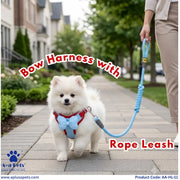 A small white Pomeranian dog wearing a red and light blue bow harness walks on a paved sidewalk while being led by a person holding a blue rope leash. Red text overlays read 'Bow Harness with' and 'Rope Leash,' with a visible Aplu Pets logo and product code at the bottom.