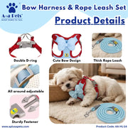A+ a Pets Bow Harness & Rope Leash Set product details infographic showing a small white puppy wearing the harness and leash on a rug. The image includes labeled detail panels for the double D-ring, cute bow design, thick rope leash, all-around adjustability, sturdy fastener, and the leash laid out beside the dog.
