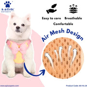 A white Pomeranian dog wearing a pink and yellow pet harness, shown on a light pink background with promotional text and an inset close-up of the breathable mesh material. Brand logo 'A+A Pets' is visible in the top left.