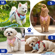 A collage showing several dogs and a cat wearing pet harnesses in different colors and sizes. The collage includes size labels M and S, the brand name A+a Pets, website text, and product code text.
