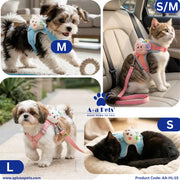 A four-panel collage showing small dogs and a cat wearing pet harnesses with attached leashes in different sizes. The harnesses have pastel blue and pink straps with a small plush character patch.