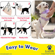 Instructional graphic for a pet harness, showing four numbered steps with black cat silhouettes and text, alongside a real white dog wearing the lavender harness and leash on the right. The bottom includes the brand A+a Pets and website ApluSapets.