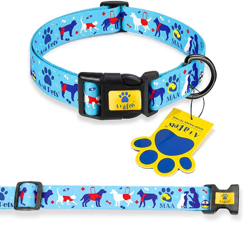 Dog collar with colorful paw prints and illustrations on a blue background, featuring a brand tag.